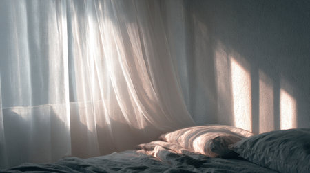 A serene bedroom scene featuring soft morning light filtering through sheer curtains, casting gentle shadows on a comfortable bed with inviting pillows.の素材
