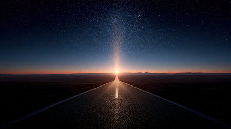 This stunning image captures a tranquil road at night, leading towards a bright horizon under a mesmerizing starry sky. Perfect for evoking themes of adventure.の素材