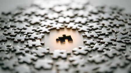A solitary puzzle piece is featured in the center, surrounded by numerous unassembled pieces. This image symbolizes problem-solving, unity, and creativity.の素材