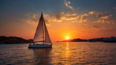 A stunning sunset view showcasing a solitary sailboat gliding across calm waters, with vibrant colors illuminating the sky and landscape. Perfect for travel themes.の素材