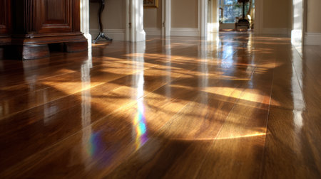 This captivating image showcases sunlight reflecting on a beautifully polished wooden floor in an elegant interior setting, creating a warm and inviting atmosphere.の素材