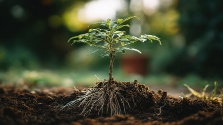 A young plant grows from the rich soil, showcasing its delicate roots in a serene outdoor setting with soft sunlight filtering through leaves.の素材