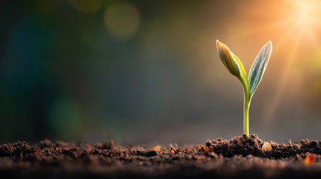 A vibrant green seedling emerges from dark, rich soil, illuminated by warm sunlight, symbolizing new beginnings and growth in nature.の素材