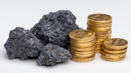 A composition featuring rough rocks alongside stacks of gleaming gold coins, symbolizing the relationship between natural resources and wealth.の素材