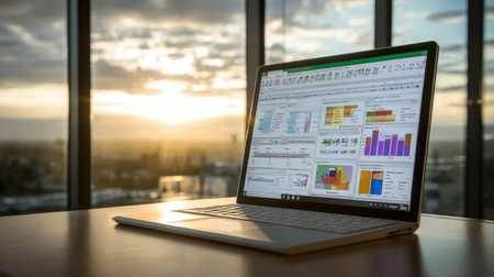 A laptop sits on a desk showcasing vibrant bar graphs and data analysis during a stunning sunset. The scene highlights a modern office environment focused on analytics and business growth.の素材