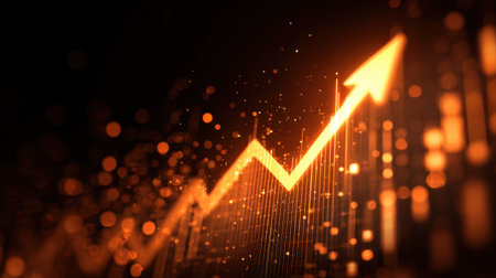 A striking abstract composition featuring a glowing upward arrow amidst shimmering particles, symbolizing business growth and financial success. Perfect for financial or corporate themes.の素材