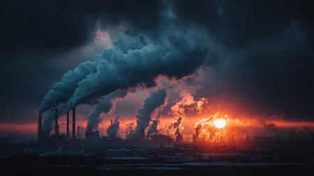A striking scene of an industrial landscape during sunset, showcasing towering factory smokestacks releasing thick smoke against a vivid orange sky.の素材