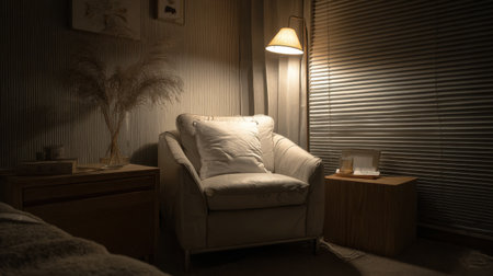 This serene living room corner features a cozy armchair bathed in warm light, perfect for relaxation. Minimalist decor elements enhance the inviting atmosphere.の素材