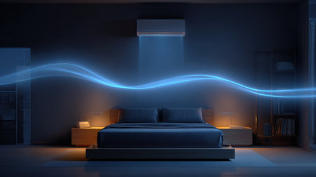 A tranquil modern bedroom featuring a stylish design illuminated by soft ambient lighting. The illustration highlights airflow, creating a serene atmosphere for relaxation.の素材