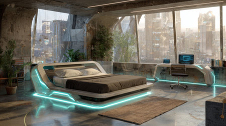 A stunning modern futuristic bedroom featuring sleek furniture, advanced technology, and a breathtaking urban view, perfect for luxury living and relaxation.の素材