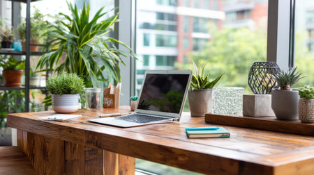 A bright and inviting workspace featuring a laptop on a rustic wooden desk adorned with various indoor plants, creating a serene and inspiring atmosphere perfect for productivity.の素材