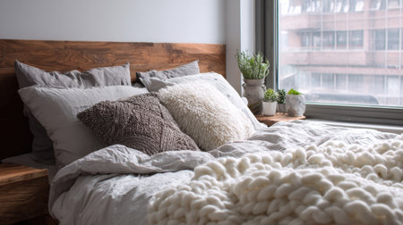 A serene bedroom scene featuring plush bedding, decorative pillows, and natural light flooding through a large window, creating a cozy atmosphere.の素材