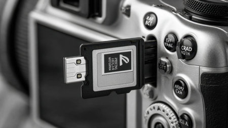 A detailed close-up image showcasing a camera with a memory card inserted, highlighting modern photography technology in a sleek black and white background.の素材