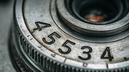A detailed close-up image showcasing the intricate mechanics of a vintage camera lens. The metallic elements and engraved numbers highlight the craftsmanship and nostalgia of classic photography equipment.の素材