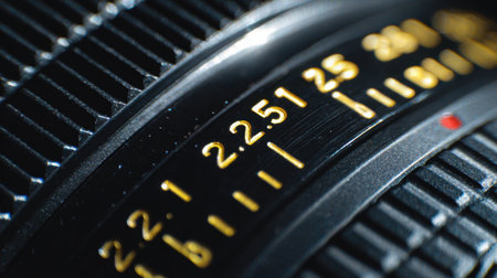 A close-up view of a camera lens showcasing aperture settings with intricate details. The image highlights the texture of the dial, emphasizing the artistry of photography equipment.の素材