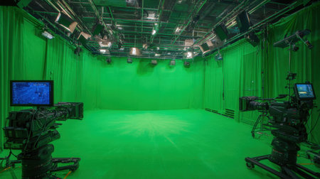 This image showcases an empty green screen studio, equipped with professional lighting and cameras, ideal for film and photography projects, providing a versatile production space.の素材
