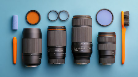 This image showcases a well-organized flat lay of various photography lenses alongside cleaning tools, all set against a vibrant blue background. Perfect for photography enthusiasts and professionals.の素材
