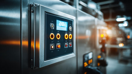 This close-up image showcases a sophisticated industrial control panel featuring buttons and a clear digital display, highlighting modern manufacturing technology and automation.の素材