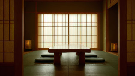 This serene Japanese room features tatami mats and soft natural light filtering through elegant shoji screens, creating a tranquil atmosphere ideal for relaxation.の素材