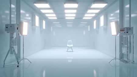 This image features a minimalist white room with an empty chair, illuminated by soft studio lighting, ideal for creative and design projects, conveying tranquility.の素材