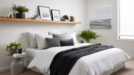 This image showcases a cozy modern bedroom featuring minimalist decor, soft textiles, and natural plants. The light color palette enhances tranquility and style.の素材