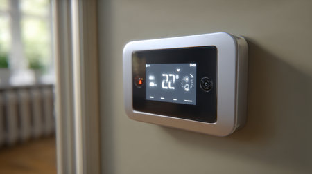 A modern smart thermostat mounted on a wall offers a sleek digital interface showing the current room temperature, enhancing home comfort and energy efficiency.の素材