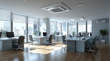 A spacious modern office featuring sleek furniture and abundant natural light. The bright environment encourages productivity in a professional setting.の素材