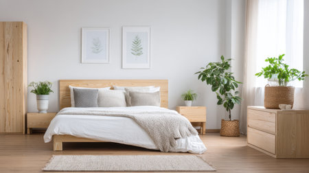 A beautifully designed modern bedroom featuring wooden furniture and plants. The serene atmosphere is enhanced by natural light and clean decor. Perfect for relaxation.の素材
