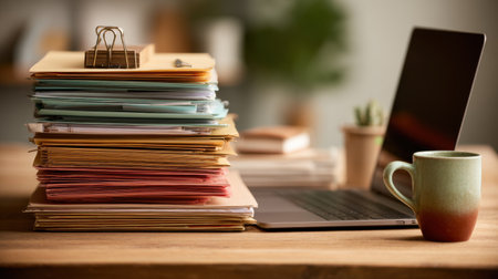A beautifully arranged office scene featuring a stack of colorful paper files beside a laptop, capturing the essence of productivity and organization.の素材
