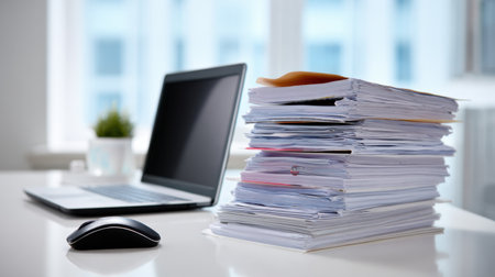 A cluttered desk featuring a laptop next to a large pile of paperwork. The modern office space is bright and designed for productivity and organization.の素材