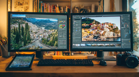 A stylish and modern creative workspace featuring dual monitors displaying gorgeous travel images and editing software. A perfect setup for photography enthusiasts.の素材