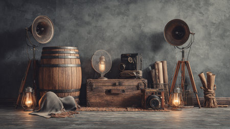 A beautifully arranged collection of vintage decor items, featuring antique cameras, lanterns, and a wooden barrel, set against a textured wall, creating a nostalgic atmosphere.の素材