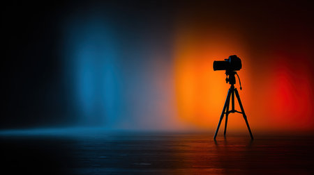 A solitary camera on a tripod stands against a vibrant backdrop, showcasing colorful lights in contrast with shadows, perfect for photography themes.の素材