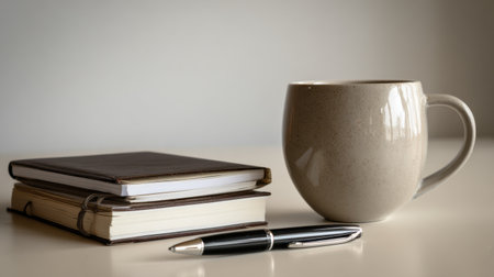 A warm and inviting workspace featuring two stylish notebooks, a sleek pen, and a cozy coffee cup on a minimalist white surface, perfect for enhancing creativity.の素材