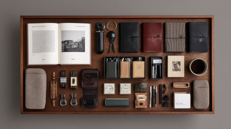 This image features a meticulously organized flatlay of stylish accessories on a wooden tray, perfect for creative professionals seeking inspiration and elegance.の素材