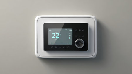 A sleek and modern digital thermostat showcasing an intuitive user interface for easy temperature management in a contemporary home setting.の素材
