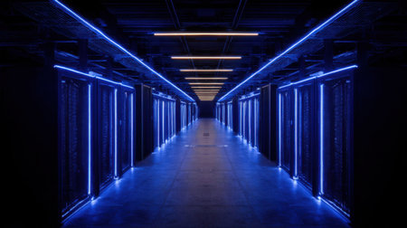 A captivating view of a modern data center corridor, featuring illuminated server racks under blue lighting, showcasing advanced technology and infrastructure.の素材