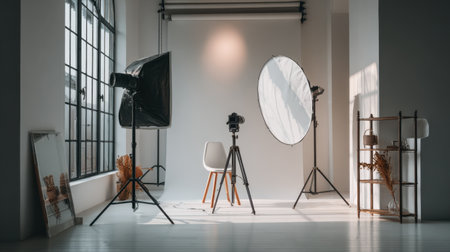 A serene photography studio featuring professional equipment like lights and a camera on a simple backdrop, perfect for creative projects and artistic exploration.の素材
