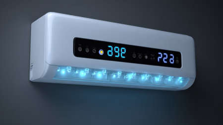 A sleek and modern air conditioning unit featuring a digital display and stylish LED lights, providing efficient temperature control for enhanced comfort in homes and offices.の素材