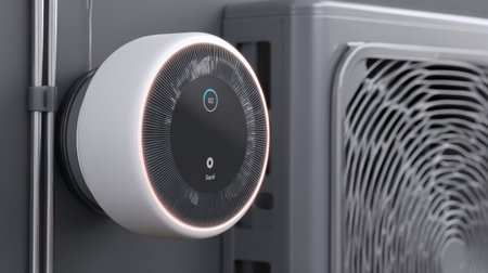 This modern smart thermostat showcases a digital display for temperature settings, seamlessly integrated with an air conditioning unit, enhancing home comfort and energy efficiency.の素材