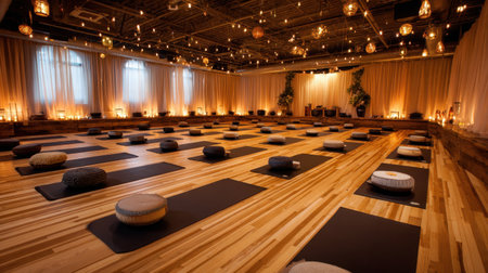 A beautifully designed yoga studio featuring a warm ambiance with cushions and mats, perfect for meditation, relaxation, and mindfulness practices.の素材