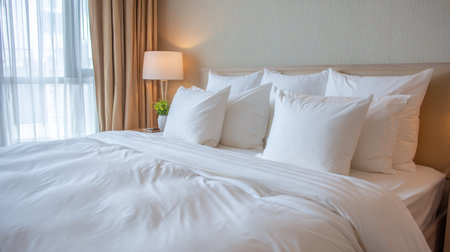 A serene bedroom featuring soft white bedding and plush pillows, complemented by warm natural light and an elegant decor, perfect for relaxation and comfort.の素材