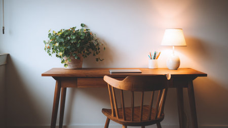 A serene minimalist workspace featuring a wooden desk, a comfortable chair, a lush plant, and gentle lighting. Perfect for enhancing creativity and focus.の素材