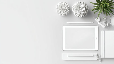 This image features a stylish minimalist workspace showcasing a tablet, decorative plants, and stationery on a clean white surface, promoting creativity.の素材