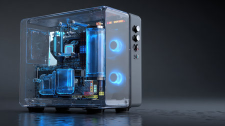 A transparent computer case showcasing illuminated components and advanced cooling systems. The sleek design highlights innovative technology in a modern setup.の素材