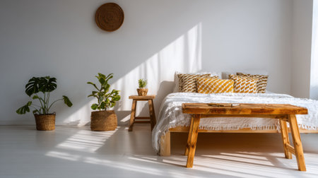 A bright and cozy bedroom featuring minimalist design elements, natural light streaming in, and various indoor plants that enhance the tranquil atmosphere.の素材