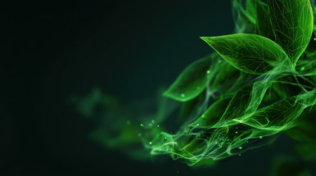 Beautiful abstract background featuring vibrant green leaves interwoven with light effects, perfect for nature themes, eco-friendly concepts, and calming visuals.の素材