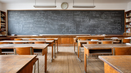 A classroom setting featuring a chalkboard filled with mathematical equations and formulas. The wooden desks remain empty, creating an academic atmosphere ideal for learning and teaching.の素材