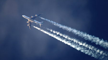 An airplane soars through the deep blue sky, creating dramatic white contrails that streak across the atmosphere, symbolizing travel and exploration.の素材
