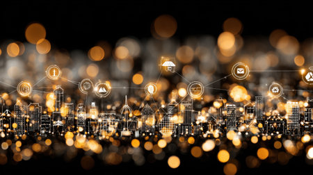 Captivating urban skyline illuminated by vibrant bokeh lights, featuring digital icons that symbolize technology, connectivity, and modern life. This image represents the fusion of urban aesthetics and digital innovation.の素材